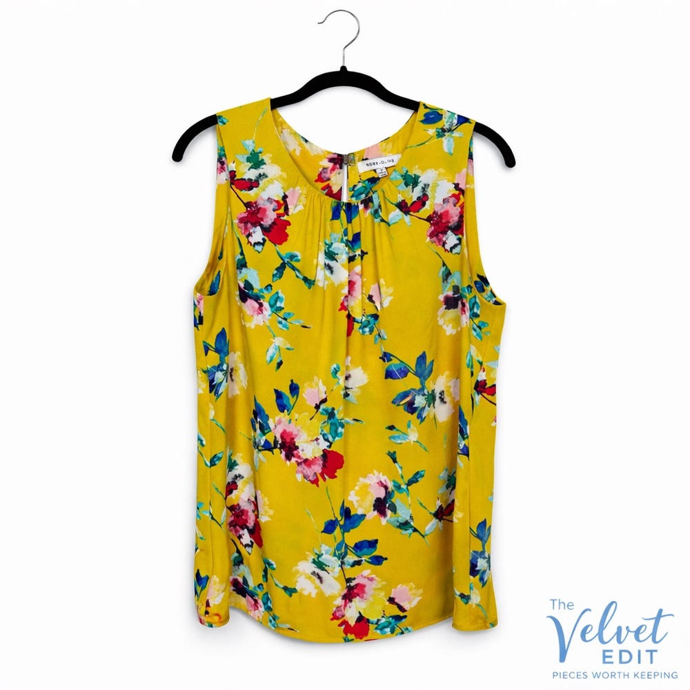 Rose + Olive Yellow Floral Sleeveless Blouse Size M Spring Garden Print
